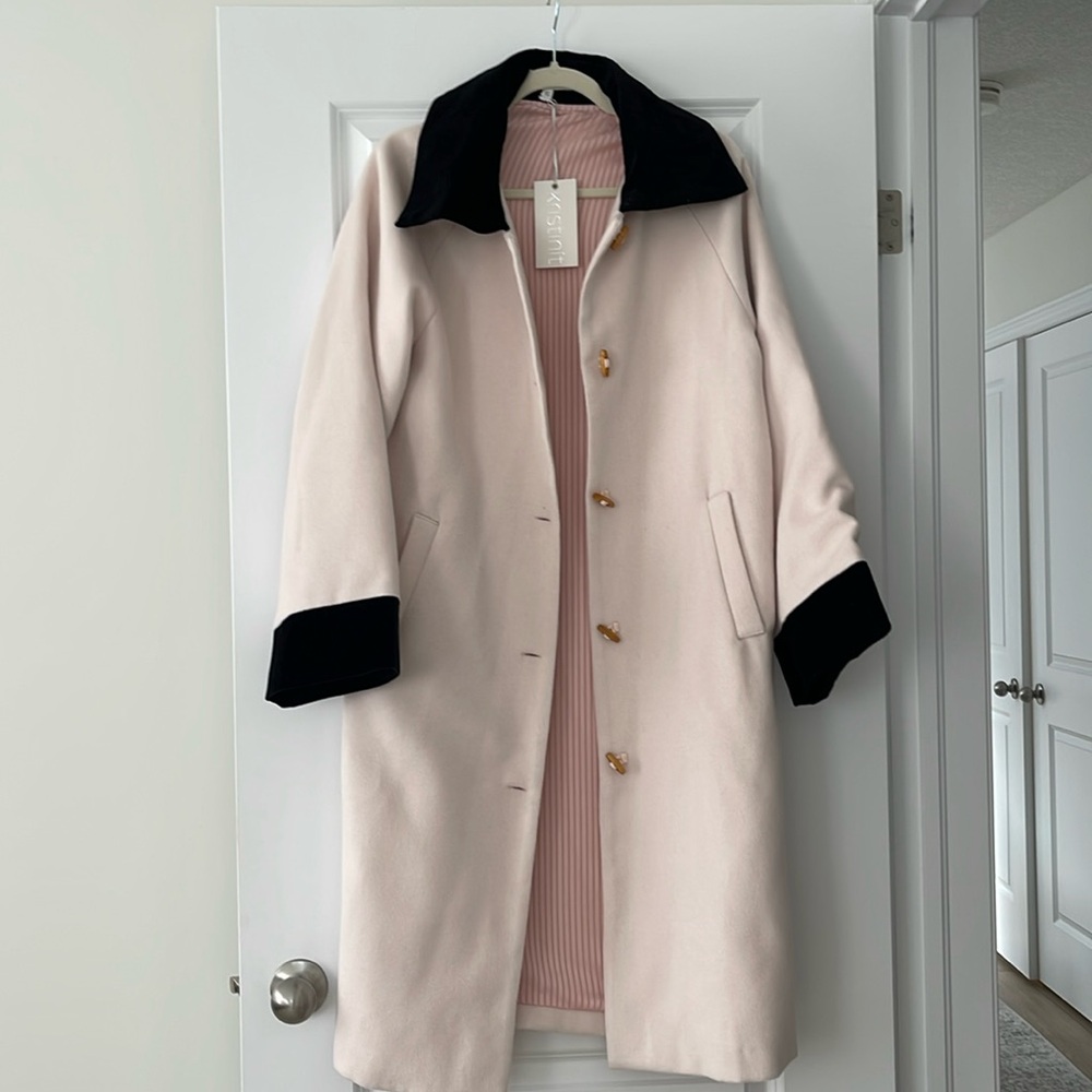 KristinIT wool denevue coat, contrast piping & toggle buttons, size XS NWT